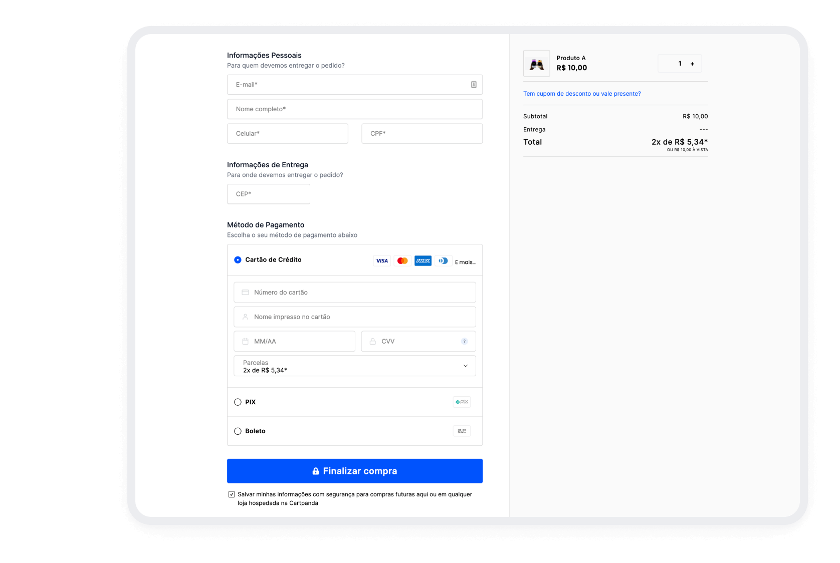 Interface de checkout Cartpanda no celular e desktop