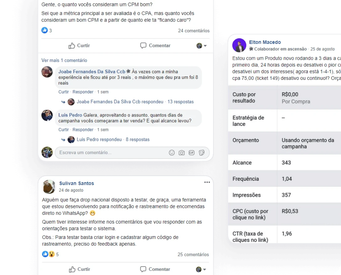 Postagens do grupo Cartpanda no Facebook