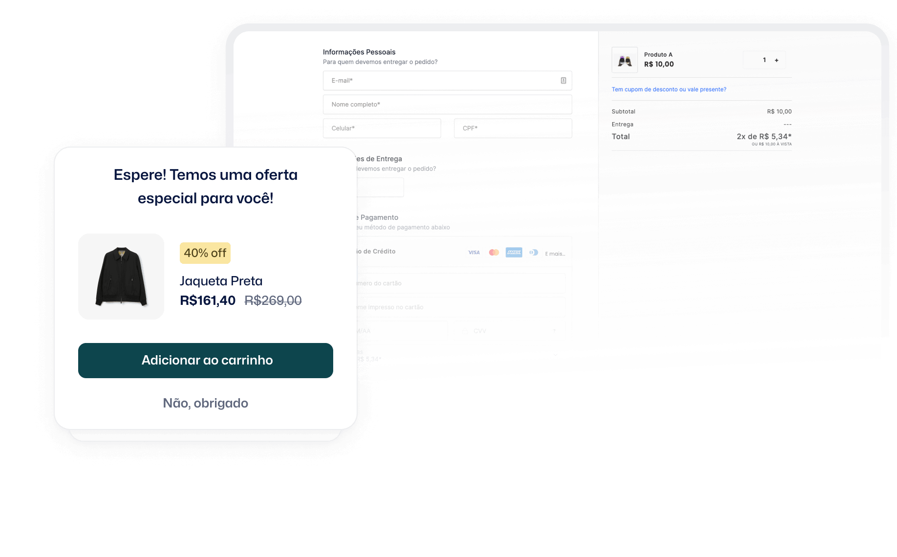 exemplo visual de como funciona o aviso de order bump no processo de um checkout da plataforma de vendas online Cartpanda